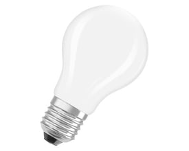 En standard LED-pære med en klar hvid, mat glaskolbe og et sølvfarvet E27-gevind, vist isoleret på en hvid baggrund.