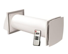 Solar Select Ventilator RV 1-35 C Mini V2 med fjernbetjening i hvid plast, viser ventilatorens cylindriske form og frontgitter.