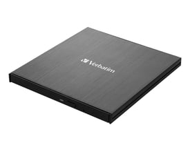 Verbatim Slimline DiskD eksternt DVD-drev i slankt, sort design med mørkegrå top, set skråt ovenfra.