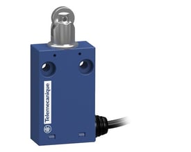 Blå Telemecanique Sensors XC Standard endestopafbryder XCMH2102L6 med stålrullestempel og sideført kabel.