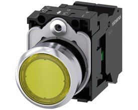 Siemens 22mm rund oplyst trykknap i metal med højglans gul front og 1NO kontakt, vist med bagmonteret holder og fjederklemme.