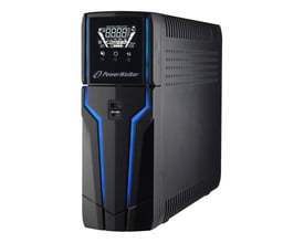 PowerWalker VI 1500 GXB UPS med 1500VA/900W kapacitet, sort med blå accentlys og digitalt display.