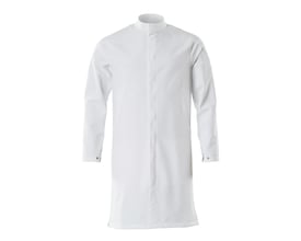 Mascot lang kittel 20154 Food&Care i str. 3XL, fremstillet i slidstærkt hvidt strækstof med skjulte trykknapper og trykknapregulering ved håndled.