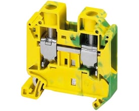 Schneider Electric jordklemme TRV i gul og grøn til 16mm² kabel, med synlige skruer og monteringsmekanisme.