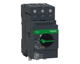 Schneider Electric TeSys motorværn med Everlink og spadestik, indstillingsområde 48-65A. Grå enhed med sort drejehåndtag og grønne accenter på hvid baggrund.