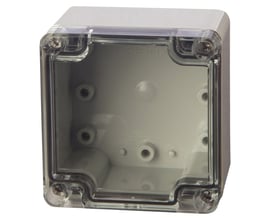 Fibox Euronord kasse på 80x82x55mm med gennemsigtigt polycarbonat dæksel og grå bund, vist forfra med skruer.