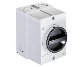 Kraus & Naimer reparationsafbryder 20A, 6-polet, med sort/gråt drejehåndtag i hvidt plastkabinet, vist forfra.