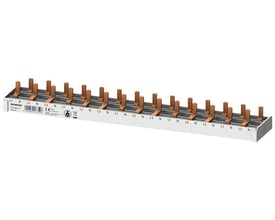 Siemens SENTRON 5ST3 stiftsamleskinne med 10mm² tilslutning og 14x kompakte enheder, fremstillet af metal og plast.