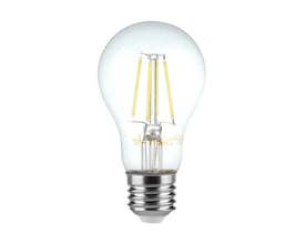 V-TAC kultrådspære med E27-fatning i klart glas og synlige filamenter, isoleret på hvid baggrund.