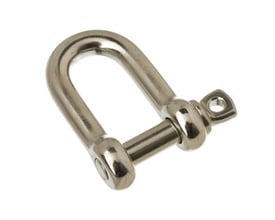 MichLar syrefast D-sjækel i aisi 316 stål med 6 mm diameter og øjebolt, isoleret på hvid baggrund.