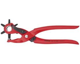Knipex revolverhultang i rød med fokus på de sorte, drejelige hulpiber og den præcise mekanisme.