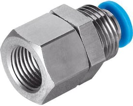 Festo skotforskruning QSSF-3/8-12-B med indvendigt gevind og blå push-in funktion, vist på hvid baggrund.