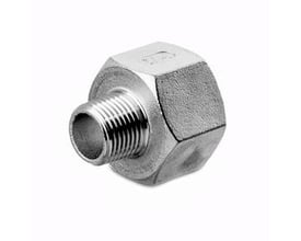 Spidsmuffe 4408/316 i rustfrit stål, 1" x 3/4", 20 bar. Viser udvendigt konisk BSPT-gevind og indvendig cylindrisk BSPP-gevind.