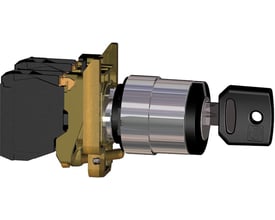 Schneider Electric nøgleafbryder med 3 faste positioner, 2NO kontakter og en delvist indsat nøgle, vist med interne komponenter tydeligt.