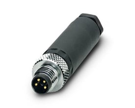 Phoenix Contact SACC-M 8MS-4CON-M-SW sensor-aktuator forbindelse med 4 gyldne pins på en hvid baggrund.