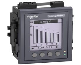 Schneider Electric PM5330 strømmåler med grafisk display, der viser harmoniske målinger % Mag V og driftsstatusindikatorer.