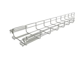 Nærbillede af Legrand Gitterbakke FC 54/150-R, der viser den rustfri stålkvalitet og Fasclic+ monteringsdetaljer.