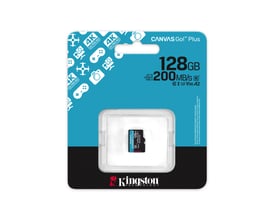 Kingston Canvas Go Plus Gen4 microSDXC-kort på 128 GB i blå og sort emballage, uden adapter.