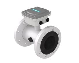 Siemens SITRANS FMS500 magnetisk flowmåler sensor DN400 med PN10 flanger og grå klemkasse med Siemens logo.