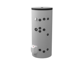 Fritstående Eldom solvarmebeholder på 200 liter med to spiraler og mange tilslutningsmuligheder samt manometer.