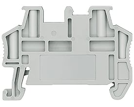 Gråt Siemens Quick-fit endestop med etiket, 5,15 mm bredt, set forfra med den store plane etiketflade synlig.