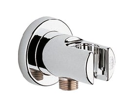 Grohe Relexa tilslutningsbøjning til væg med bruseholder i blank krom, vist skråt forfra med gevindstuds.