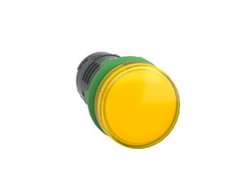 Schneider Electric signallampe XB5, Ø22mm, gul, plan linse med integreret LED, 24VACDC, med grønt og sort bagstykke.