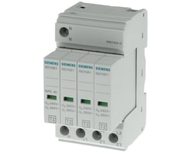 Siemens overspændingsbeskytter type 2 (SPD) med 4 poler (3+N/PE) og 240V AC mærkestrøm. Enheden har grønne statusindikatorer.