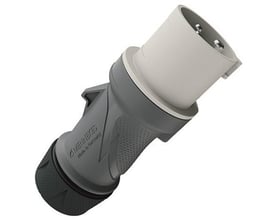 Mennekes CEE-stikprop PowerTOP Xtra R, 16 A og 3-polet, med gråt og sort hus, set skråt med kontaktenderne synlige.