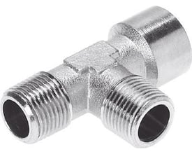 Festo T-forskruning NPFC-T-2R18-G18-MMF i messing med forniklet overflade, viser tre gevindtilslutninger og T-formet design.