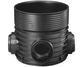 Wavin Tegra 600 inspektionsbrønd i sort PP-plast med to 250 mm indgange og en 250 mm afgang, type 3-4.