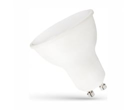 SpectrumLED 6W dæmpbar GU10 LED-spot set skråt med hvid, matteret front og to metalstifter.