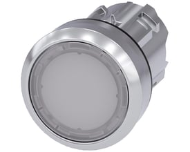 Siemens 22mm rund oplyst trykknap i højglans metal med flad hvid betjeningsflade på hvid baggrund.