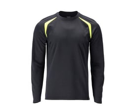 Mascot Accelerate Multisafes langærmet t-shirt i mørk marineblå med Hi-Vis gule detaljer på skuldrene og mørkt, tekstureret stof.