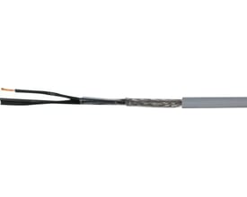 Multikabel 12x0,75 CY-OZ NR TR med sorte ledere og hvid mærkning, grå PVC-kappe og kobberfintråde.