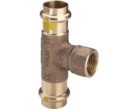 Viega Tee Profipress Gas i rødgods med dimensionerne 22 mm x 1/2" x 22 mm og SC-Contur markering på hvid baggrund.