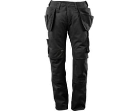 Mascot arbejdsbukser i sort, 76C50, med mange funktionelle lommer og trenålssømme.
