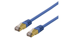 DELTACO S/FTP Cat6a patch kabel på 1 meter i blå med guldbelagte RJ45-stik og LSZH-materiale.