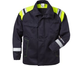 Kansas Fristads Flamestat jakke 4174, mørk marine, str. 2XL, med synlige reflekser og limegrønne detaljer på skuldre og manchetter.