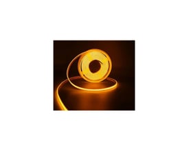 V-Tac ravfarvet COB LED strip, 5 meter lang, spolt op og viser den ensartede ravgule glød på mørk baggrund.