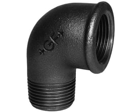 Georg Fischer sort 90 graders vinkel i støbejern med indvendigt og udvendigt gevind, RP2½" x R2½".
