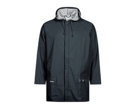 Lyngsøe Rainwear Microflex FR regnjakke i navy, str M, vist med fast hætte og to udvendige lommer på hvid baggrund.