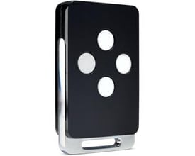 Niko Mini håndholdt RF-sender med 1 kanal og 4 tangenter, sort med kromdetaljer.