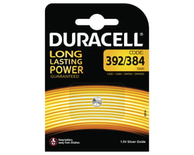 Duracell knapcellebatteri fra Celltech på sort og gul emballage med koden 392/384 og en sølvfarvet celle.