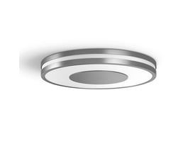 Philips Hue Being rund LED-loftslampe i aluminium med hvid lysflade og cirkelformet midte.