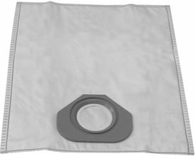 Hvid støvsugerpose MNI 2154 fra Nordic Quality med grå kant og monteringshul, vist fladt på hvid baggrund.