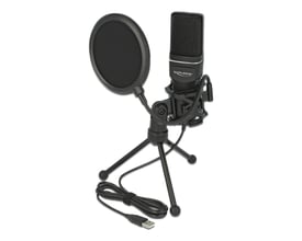 DeLock USB kondensatormikrofon med tripod, popfilter og kabel på hvid baggrund, klar til brug.
