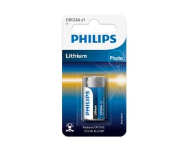 Philips CR123A lithium knapcellebatteri i blisterpakke med ét batteri, angivet som 3V og foto batteri.