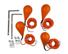 Komplet Grundfos niveauvippesæt med fire orange niveauvipper, fire bundter 10 meter kabel og monteringsbeslag.
