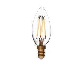 Klar DANLAMP LED-kertepære med E14-fatning og synlige varme LED-filamenter i den dråbeformede glaskolbe.
